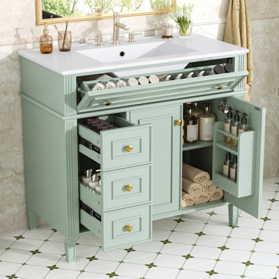 Roomfitters 36" Bathroom Vanity with Sink, Solid Wood Frame, Flip-Out Drawer, 3 Drawers & Soft-Close Doors, Green