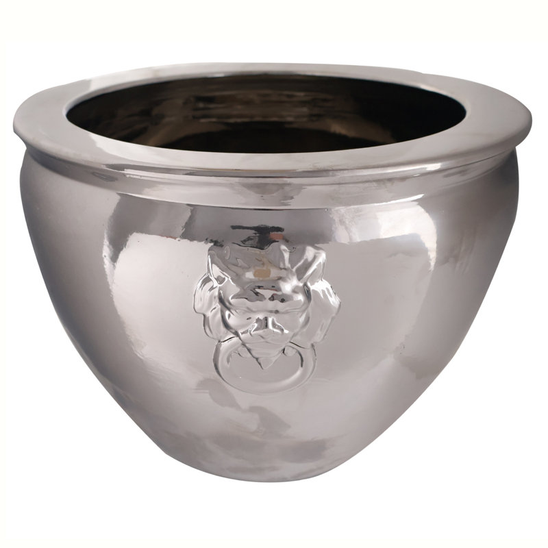 Large Shiny Asian Porcelain Planter with Lion Handles, 11" H x 14" W x 14" D, Silver