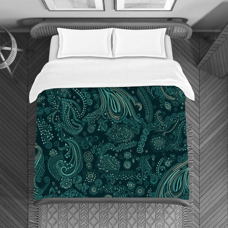 Machine Printed Duvet Cover, Noir / vert / cachemire blanc, Housse de couette pour grand lit