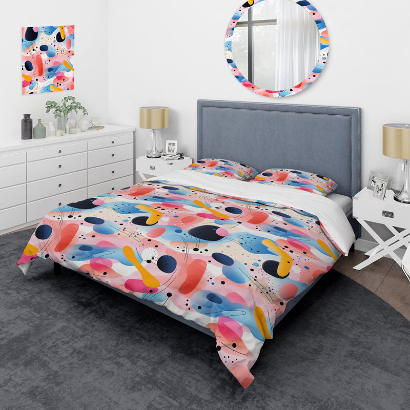 Ensemble de housse de couette bleu et rose Mid-Century, Housse de couette pour très grand lit et 2 très