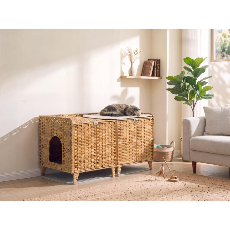 Litière cachée en rotin pour 2 chats, évents pour chambre double, bois naturel, Naturel