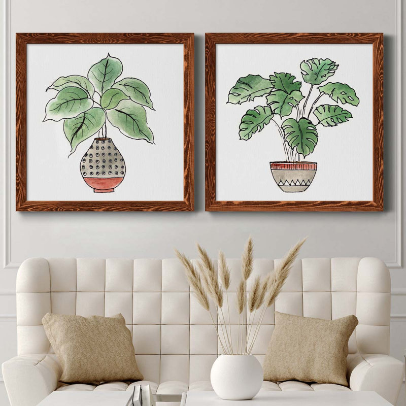 Boho Greenery I - ensemble de 2 peintures sur toile encadrées, H 27,5 po x l 55 po x P 1,5 po, Érable encadré