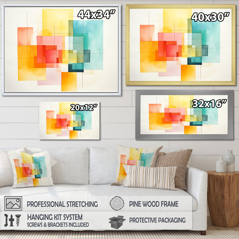 Motif de cubes multicolores I - art mural géométrique, Cadre doré à coins fermés, H 34 po x l 44 po x P 1,5 po