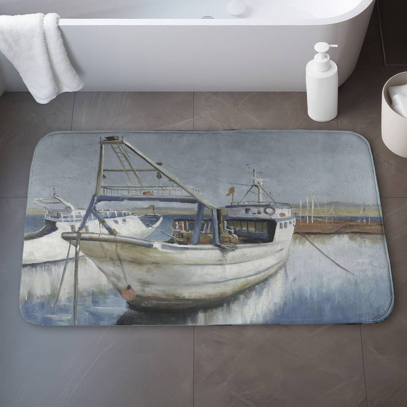 Aylor Microfiber Non-Slip Bath Mat, Blue/White, 24" W x 17" L