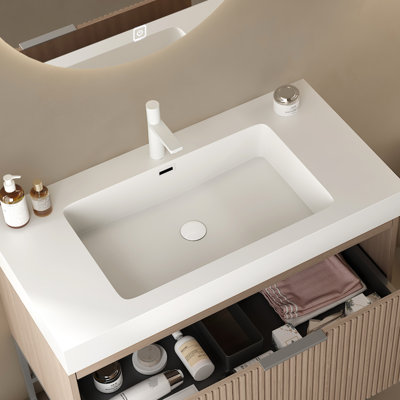 Lavabo de salle de bain 36 po - Sous-comptoir rectangulaire en surface solide blanche, scandinave moderne, résistance aux égratignures et à l'usure, entretien facile, trou de robinet et trop-plein, tuyau d'évacuation extensible avec couvercle d'évier