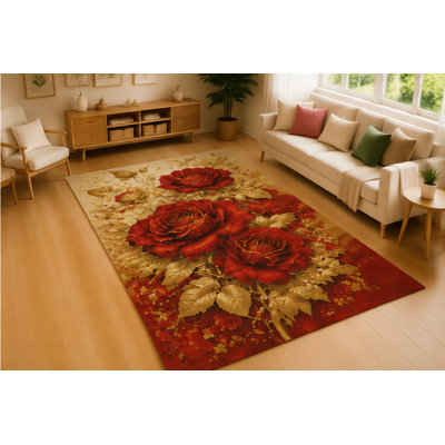 Tapis de jardin à motif floral rose rouge de 5 pi x 7 pi pour tapis de salon à poils courts et doux avec envers en silicone antidérapant Tapis de fleur romantique pour le bureau de la chambre à coucher, rouge