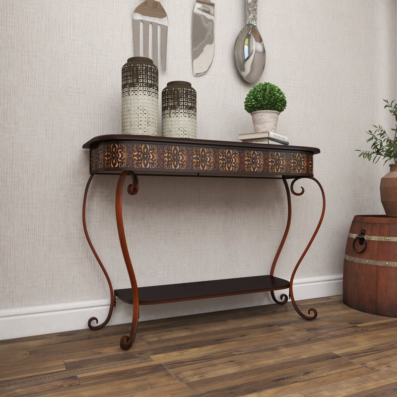 Metal Embossed 1 Shelf Floral Console Table with Ornate Scroll Legs
