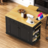 Lullaby 48" Kitchen Island Set With 2 Bar Stools, Drop Leaf, Power Outlet, Side Racks