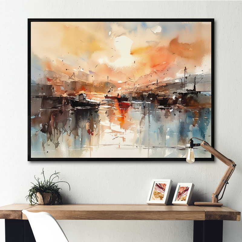 «Orange and Brown Harbor Reflections», reproduction sur toile encadrée, H 30 po x l 40 po x P 1,5 po, Noir, noir, noir, noir