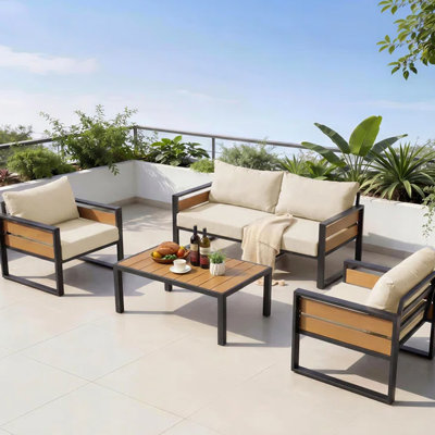 4-Piece Steel Outdoor Patio Conversation Set, 4-Person Patio Furniture Set with Coffee Table for Backyard
