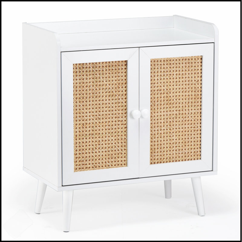 Medieval Style Sideboard Buffet Cabinet With Rattan Decorated Doors, For Dining And Living Rooms, Hallways, White