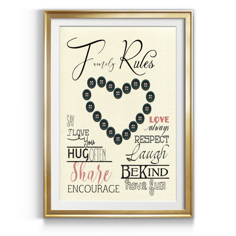 Family Rules Boutons - Reproduction d'art textuel sur papier encadré, Doré, H 26,5 po x l 36,5 po x P 1,5 po