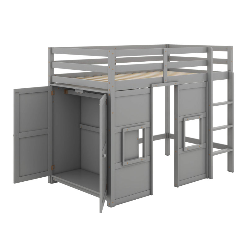 Solid Wood Twin Size Loft Bed With Built-In Storage Wardrobe And 2 Windows, Grey