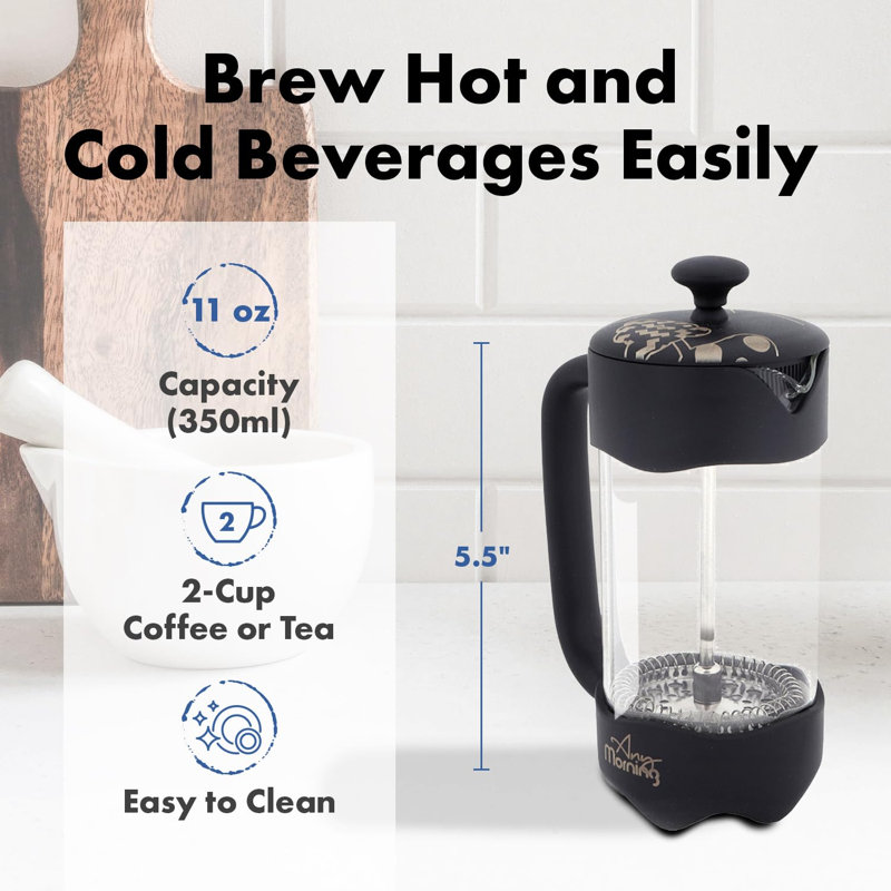 Cafetière 11 oz en verre borosilicaté avec filtre à 3 couches en acier inoxydable et poignée résistante à la chaleur