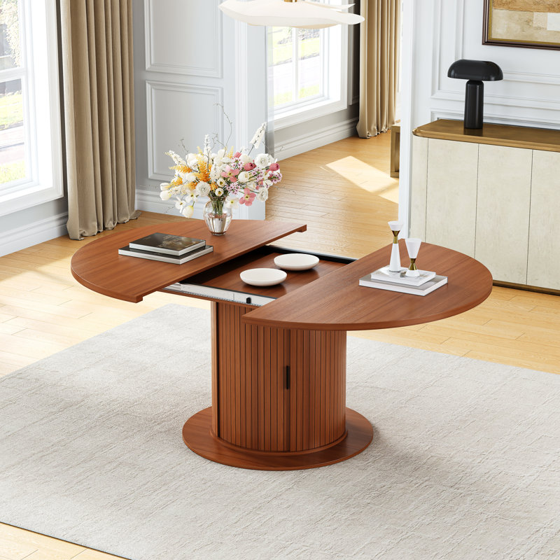 Modern 47" To 63" Expandable Round-To-Oval Dining Table With Fluted Pedestal Storage Cabinet And Reinforced Metal Frame