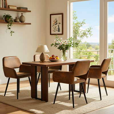 7-Piece Rectangular Wood-Look Dining Table Set With 6 Upholstered Arm Chairs