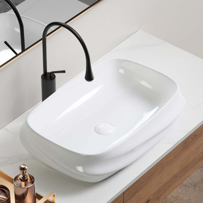 Modern Rectangular Ceramic Vessel Sink - 23.6"×16.9" Textured Bas Relief Design, No Faucet Hole, Gloss Bathroom Basin N0 Drain (5.3" Height)