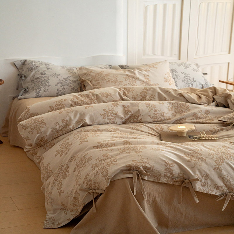 Retro Monet Linen Bowknot Cotton Duvet Cover Set, Queen Duvet Cover + 2 Queen Pillowcases, Khaki