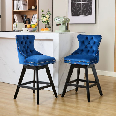 Rotation à 360 degrés avec revêtement en velours et capitonnage à boutons, rembourrage en mousse, pieds en bois, garniture, de 2 (bleu) pour les chaises de bar pivotantes à 360 °, intérieur, accents de bois, espace