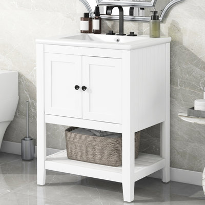 Rangement de salle de bain blanc moderne, cuve en céramique, bois massif, armoire de rangement spacieuse avec lavabo, espace généreux