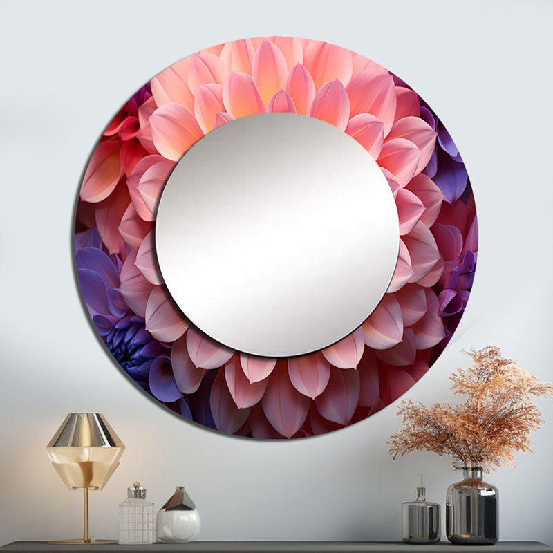 Infinite rose Dahlia beauté - grand miroir mural Dahlia, miroir décoratif rond traditionnel, impression d'art en métal