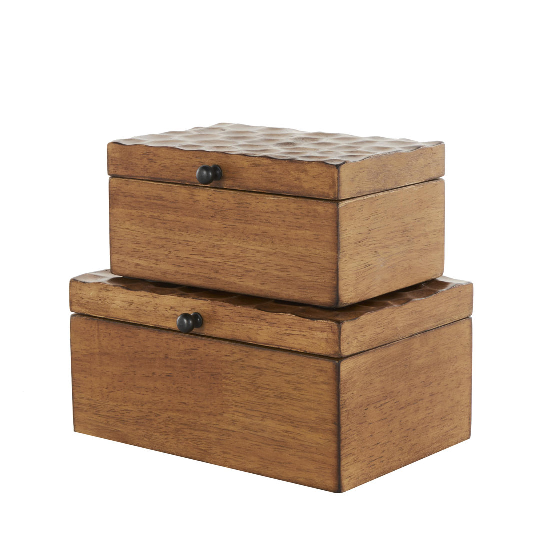 Wood Textured Concave Honeycomb Storage Geometric Decorative Brown Box with Black Knobs Set (Set of 2) Millwood Pines