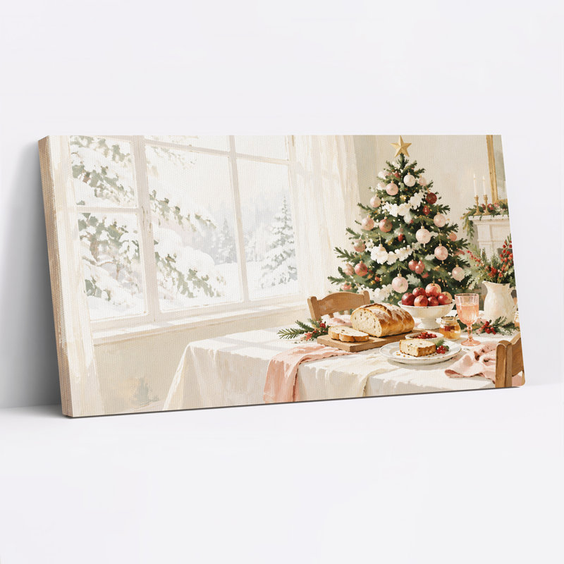 Dinner Table with Bread and Snowy Window Christmas Canvas Wall Art, 40“W x 20”H