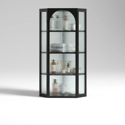 Armoire de coin murale avec porte vitrée et rangement à quatre niveaux, organisateur de rangement flottant peu encombrant pour la chambre à coucher, le salon, la salle de bain, la cuisine, design moderne en verre nervuré minimaliste pour ranger les articles essentiels quotidiens et réduire l'encombrement domestique