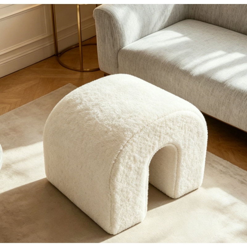 Modern Bouclé U-Shaped Arch Ottoman Cream Teddy Fabric Sculptural Stool Side Table for Living Room