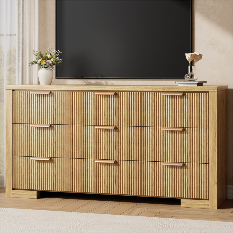 Commode 9 tiroirs l 57 po pour chambre à coucher, commode cannelée moderne, rangement pour commode, Brun