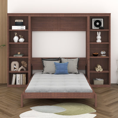 Full Size Murphy Bed With Desk And Storage Shelves, Wood Murphy Bed Cabinet With Storage Cabinet, Vertical Murphy Bed