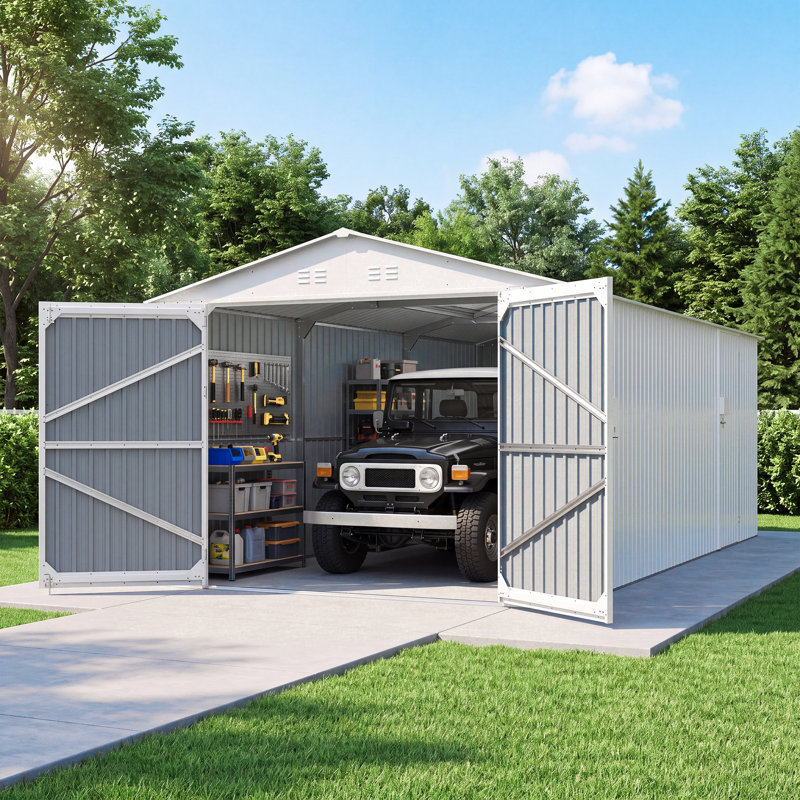 Remise de rangement extérieure 20 x 10 pi - Acier galvanisé - 1 pièce - Remise de garage - Blanc - Portes et évents doubles