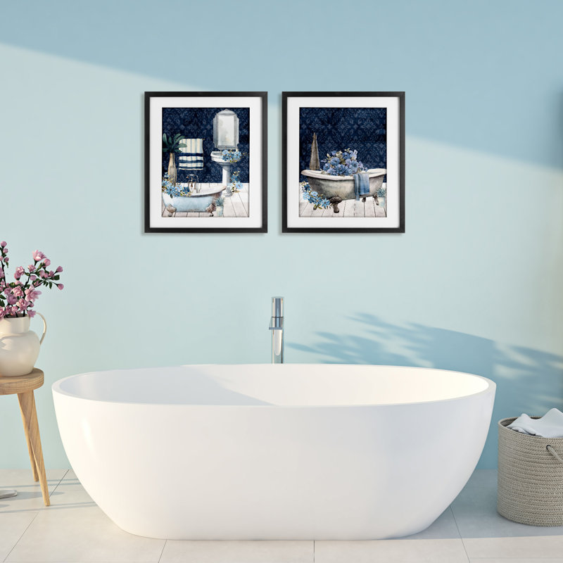 «Blue Bath Floral Interior», ensemble de 2 impressions encadrées sous verre, design par Kim Allen, Cadre noir minuit