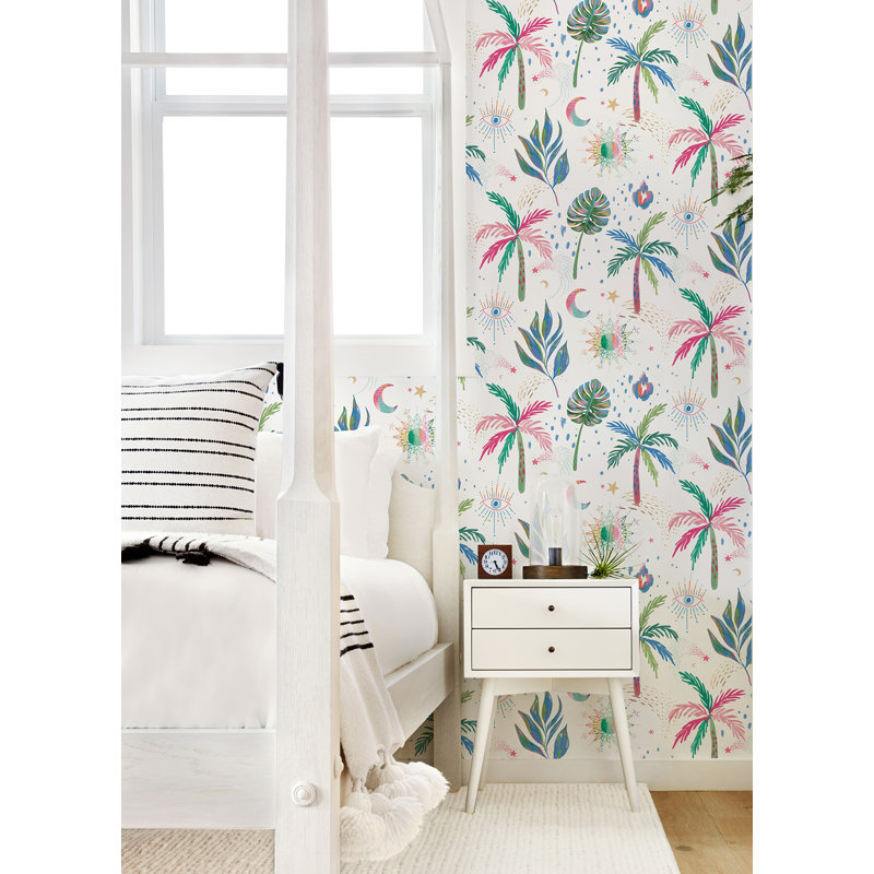 EttaVee Nuit Tropicale Peel and Stick Wallpaper, White Multi