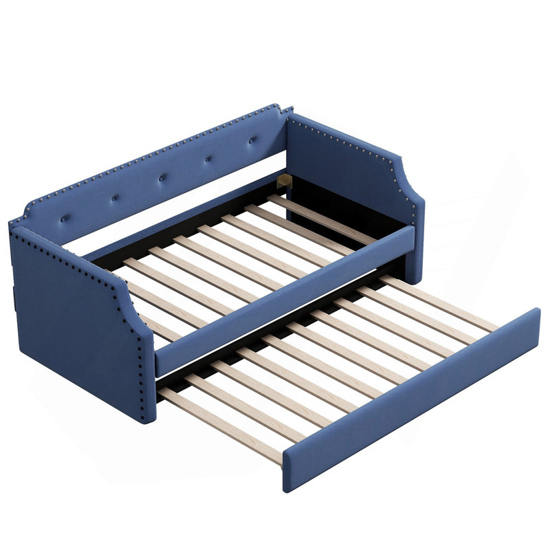 Upholstered Daybed With Trundle, Wood Slat Support,Upholstered Frame Sofa Bed , Twin,Blue