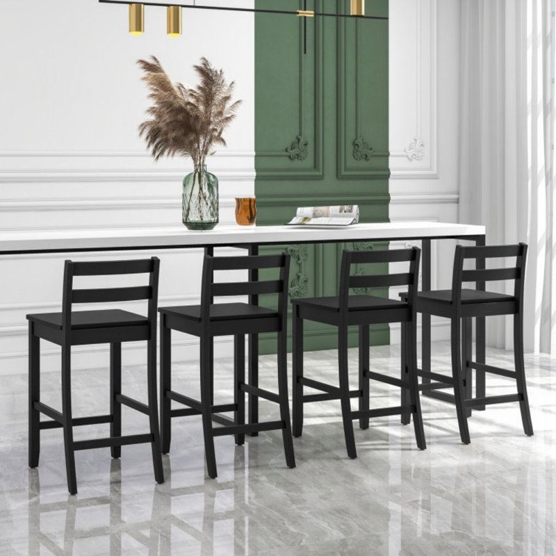 Wooden Bar Stools Set of 2 with Ergonomic Backrest and Footrest, Black