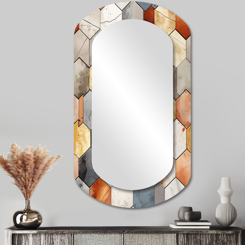 Rustic Hexagons Boho Pattern - Geometric Asymmetrical Large Mirror, Modern Cylinder Decorative Wall Mirror, Printed Metal Art