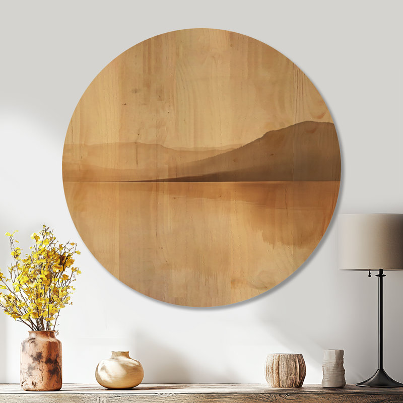 «Minimalist Lake Horizon», impression de paysage paisible avec pics, Rond 23 po, Rond