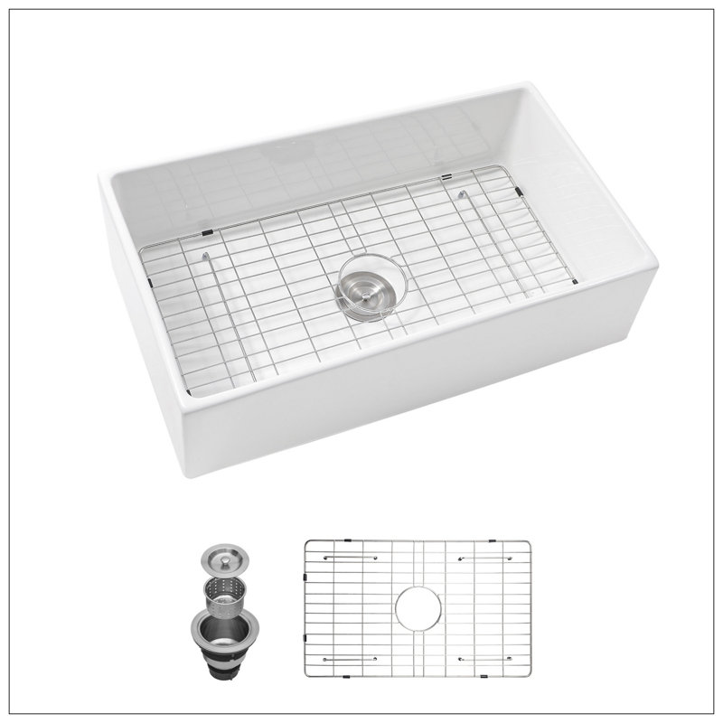 Évier de cuisine blanc 30 po - Évier de cuisine 30 po à cuve simple encastrée à tablier frontal encastré à évier de style campagnard et grille inférieure 30 po x 18 po x 10 po