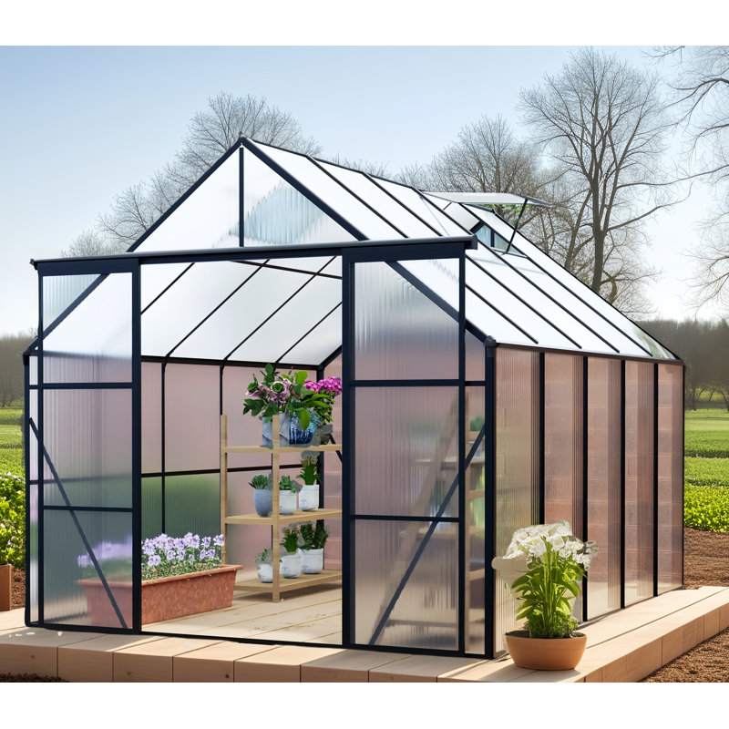 8X10Ft Double Door Polycarbonate Greenhouse Raised Base And Anchor Aluminum Heavy Duty Walk-In Greenhouses For Outdoor Backyard In All Season