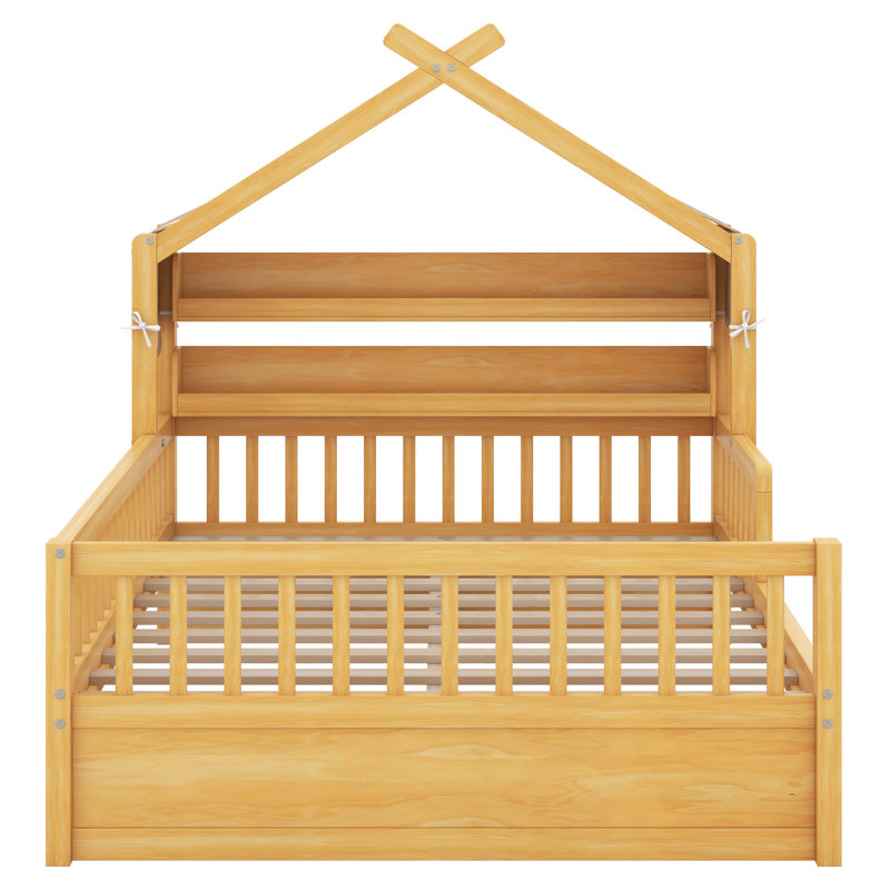 Lit plateforme House avec tablette de tête de lit et cadre de lit double en bois, Double, Naturel