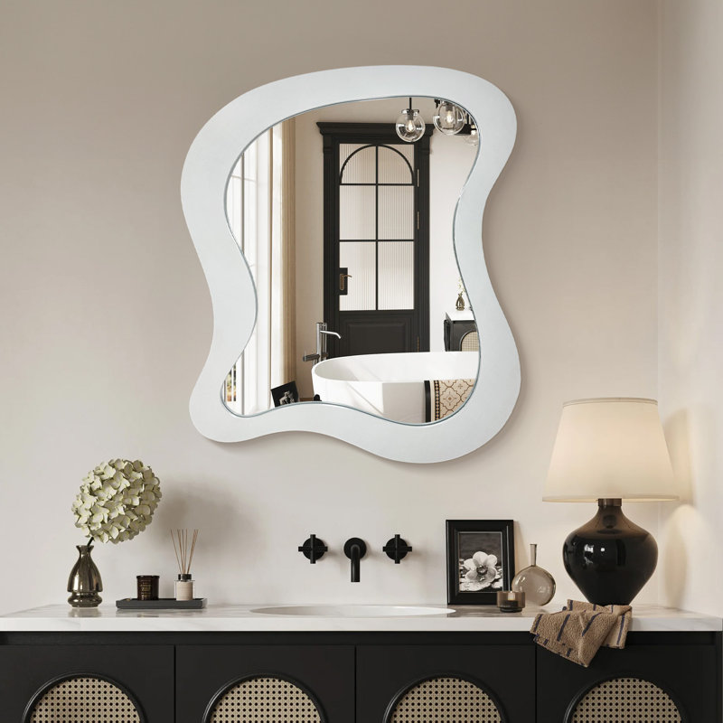 Irregular Wood Framed Wall Mirror Asymmetrical Decorative Wall Mirror, 20" x 24", White