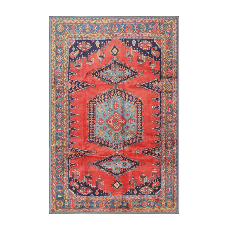 Tapis rouge/bleu/brun traditionnel Forteau, Rectangle 2 pi x 4 pi