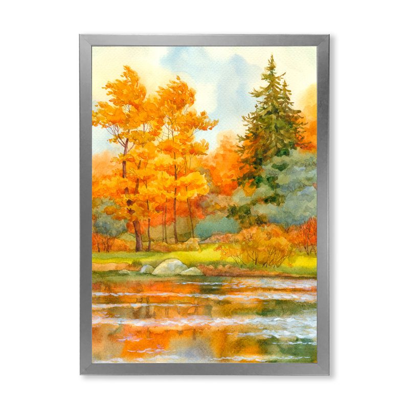 Forêt automnale au bord du lac IV - Peinture sur toile, H 20 po x l 12 po x P 1,5 po, Toile avec cadre argenté
