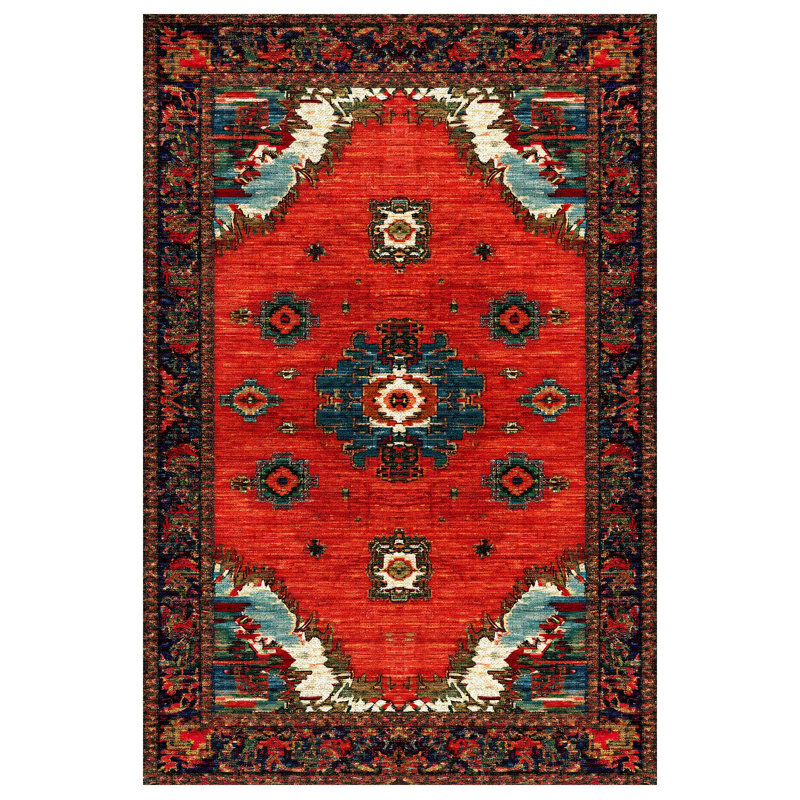Mattis Red Blue Brown Moroccan Machine Printed Cotton Polyester Area Rug, Runner 6'7" x 13'2"