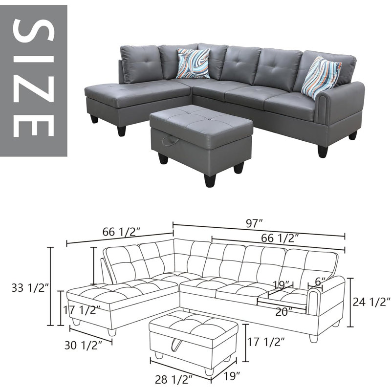 3-Piece Faux Leather Sectional Sofa, Dark Gray Faux Leather