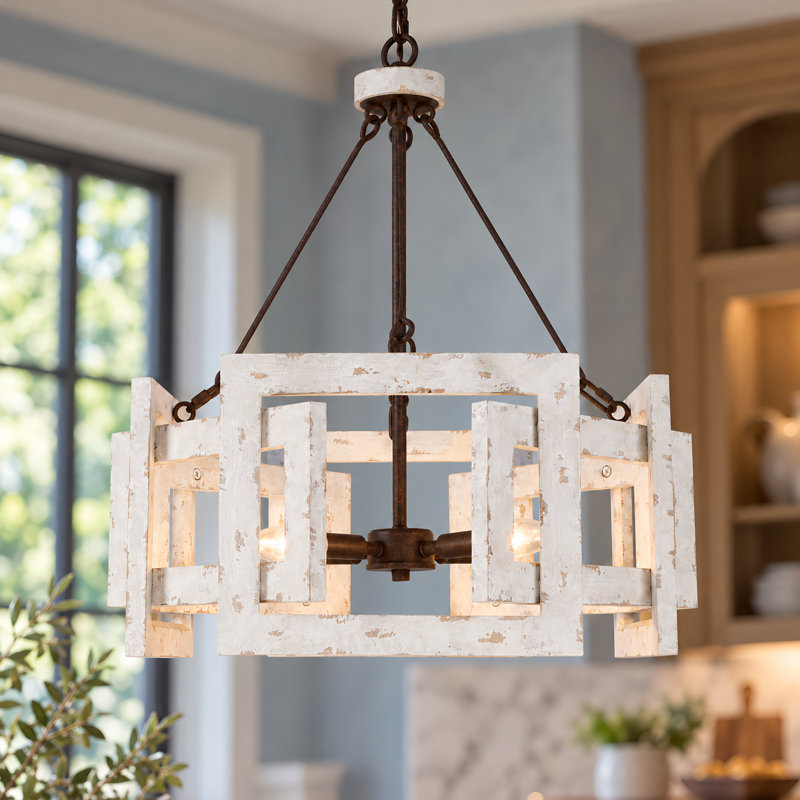 Marchini 4-Light Dimmable Geometric Chandelier in Weathered Off-White and Rust Brown