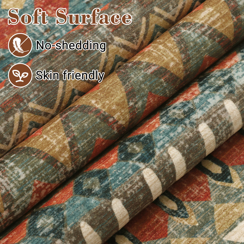 Area Rug 9' x 12' Washable Low Pile Geometric Printed Floor Cover Non Slip Distressed Indoor Throw Rug Foldable Soft Ultra Thin Farmhouse Carpet for Living Room Home Office, Colorful
