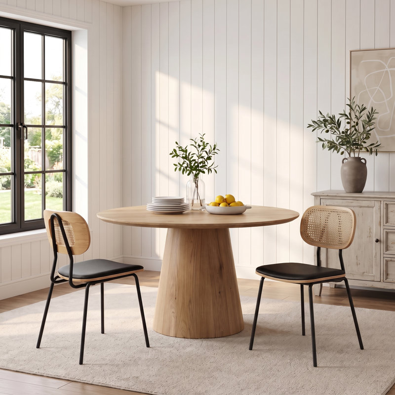 Modern Rattan Dining Chairs Upholstered Faux Leather Dining Room Chairs with Rattan Backrests and Metal Legs Armless Kitchen Chairs for Dining Room