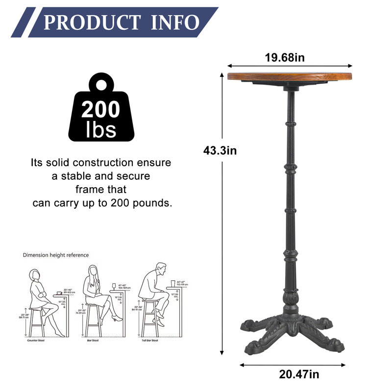 Pine Round Solid Wood Top Metal Base Dining Table, Brown, Dark Gray